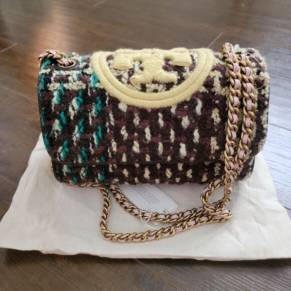 Tory Burch Fleming Tweed Convertible Shoulder Bag Brown Butter Yellow Designer - Picture 3 of 14